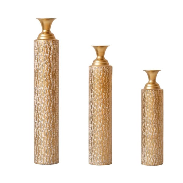 Antique Gold Home Decor Metal Cylindrical Vase with Vine Pattern 34 in. 29 in. 25 in. H (Set of 3)