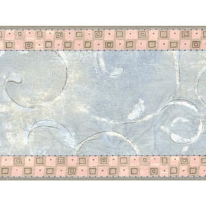 Falkirk Brin II Blue, Grey, Pink Scrolls Damask Pre-Pasted Wallpaper Border