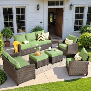 Solidago Brown 6-Piece Wicker Outdoor Patio Conversation Seating Set with Green Cushions