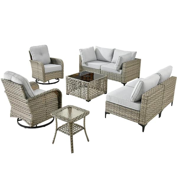 Holston 8-Piece Wicker Modern Outdoor Patio Conversation Sofa Sectional Set with Swivel Chairs and Light Grey Cushions