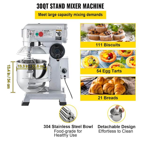 VEVOR 30 qt. Commercial Dough Mixer 3-Speeds Adjustable Mixer Silver Electric Stand with Stainless Steel for Restaurants