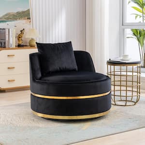 Black Soft Velvet 360° Swivel Accent Chair, Barrel Chair with Pillow