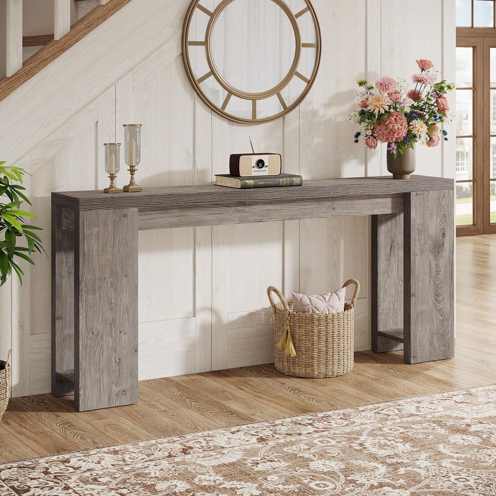 Gray Engineered Wood Farmhouse Console Table with Storage