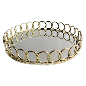 15 in. x 3.5 in. Looped Gold Metal and Glass Round Serving Tray