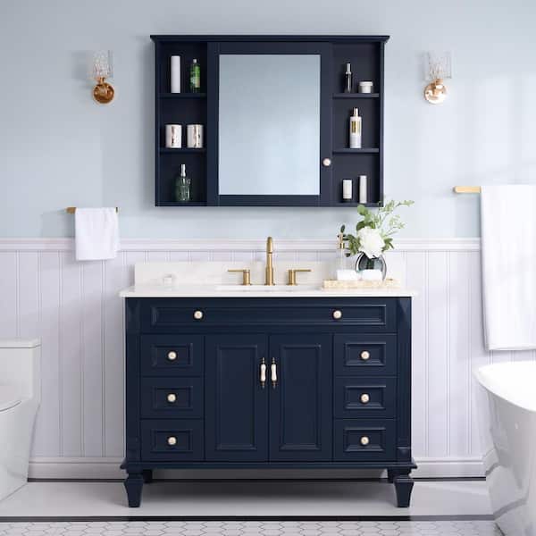 48 in. W Solid Wood Bath Vanity in Navy Blue with Carrara White Quartz Top, 42 in. W Wood Medicine Cabinet