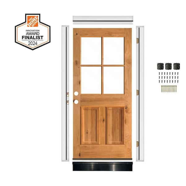 DIY 32 in. x 80 in. Right-Handed 4-Lite Clear Glass Clear Stain Knotty Alder Wood Front Door Kit w/ Quick Assemble Jamb