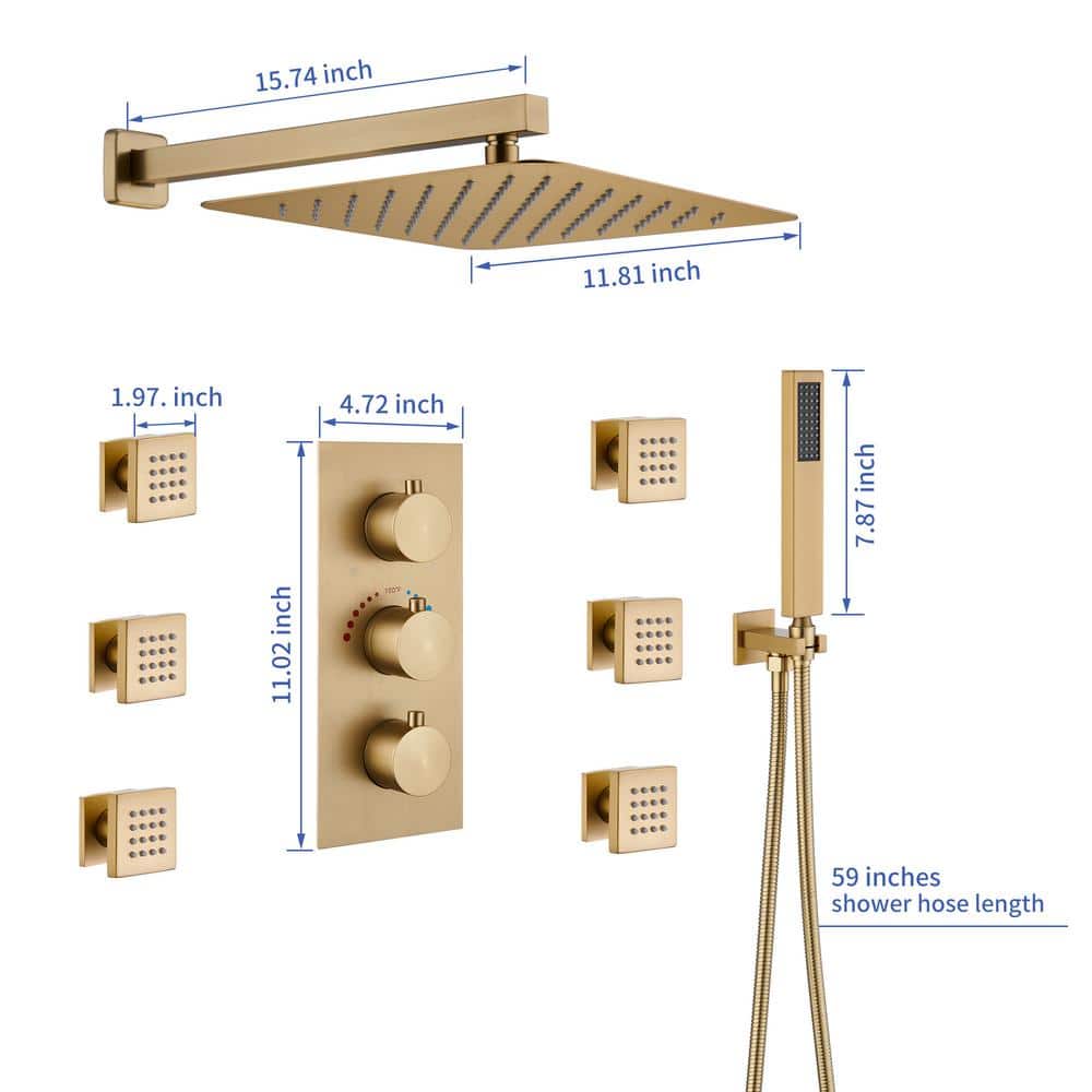 Brushed Gold Dual Square Wall Mounted Shower System with Body Jets