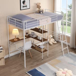 White Twin Size Metal Loft Bed with Built-in Wood Desk, 3-Tier Shelves, Inclined Ladder