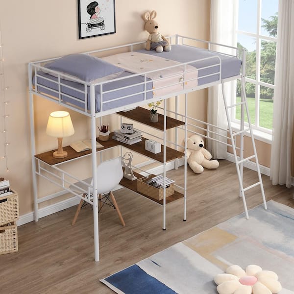 Harper & Bright Designs White Twin Size Metal Loft Bed with Built-in Wood Desk, 3-Tier Shelves, Inclined Ladder