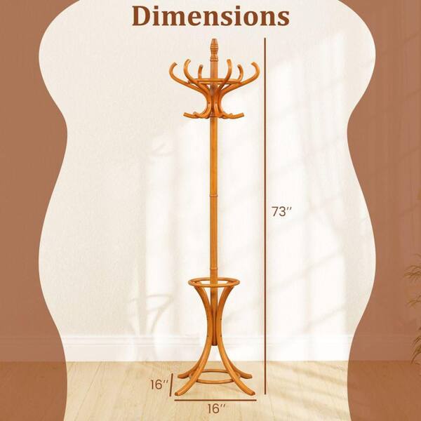 Wooden Freestanding Coat Rack With 12 Hooks & Wheels - 72.8" Tall Hat Stand With Umbrella Holder, Walnut