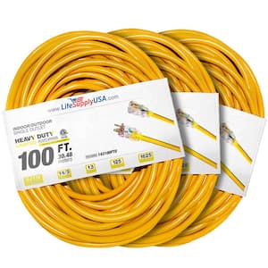 100 ft. 14-Gauge/3-Conductors SJTW 13 Amp Indoor/Outdoor Extension Cord with Lighted End Yellow (3-Pack)