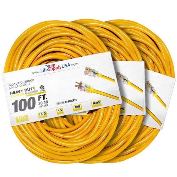 LifeSupplyUSA 100 ft. 14-Gauge/3-Conductors SJTW 13 Amp Indoor/Outdoor Extension Cord with Lighted End Yellow (3-Pack)