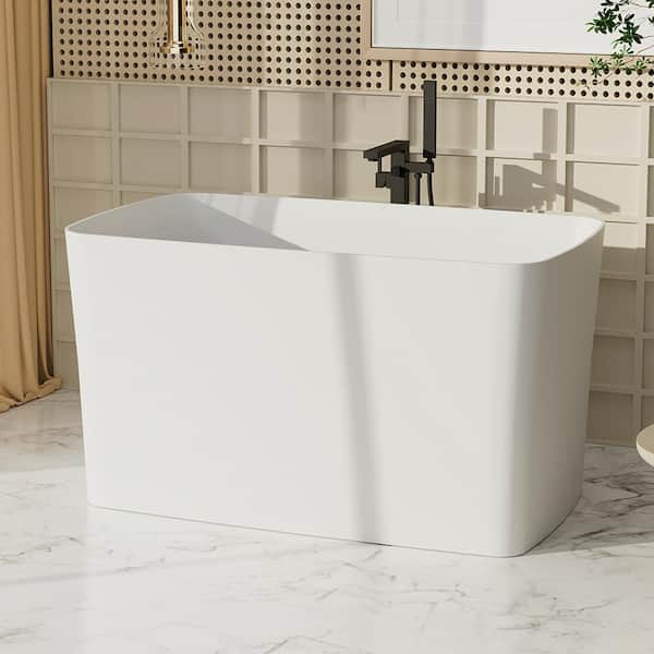 MYCASS 47 in. x 27.5 in. Stone Resin Rectangular Soaking Bathtub with Pedestal, Predrilled Drain Holes in White