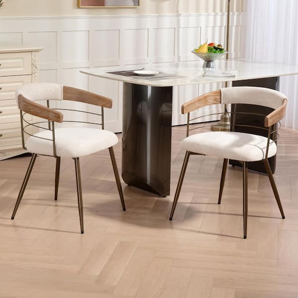 Betsy Beige Washed Woven Fabric Dining Chair with Natural Wood Arms and Copper Iron Legs Set of 2