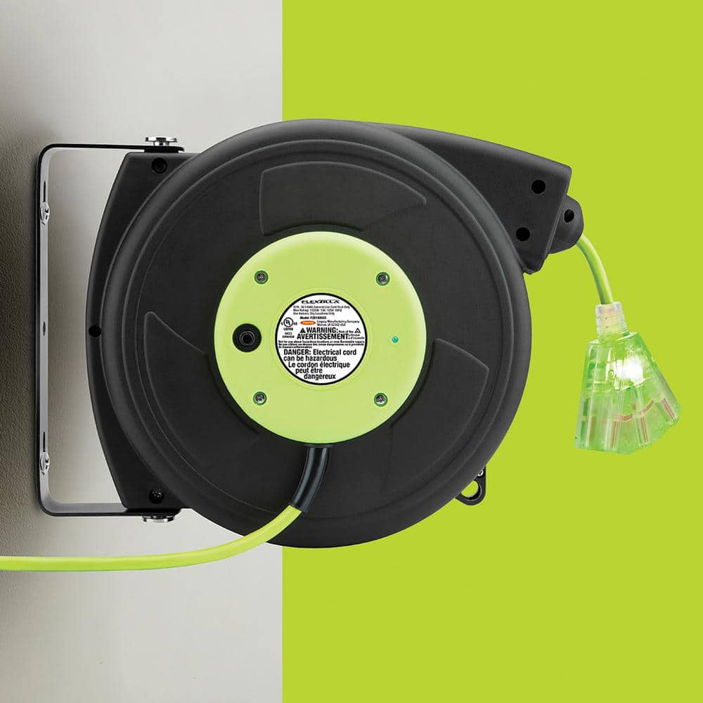 Flexzilla 50' Green Retractable Extension Cord Reel with Triple Tap Outlet