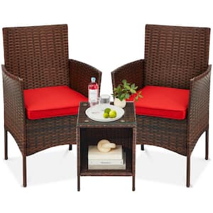 3-Piece Outdoor Wicker Conversation Patio Bistro Set, w/ 2-Chairs, Table, Cushions - Brown/Red