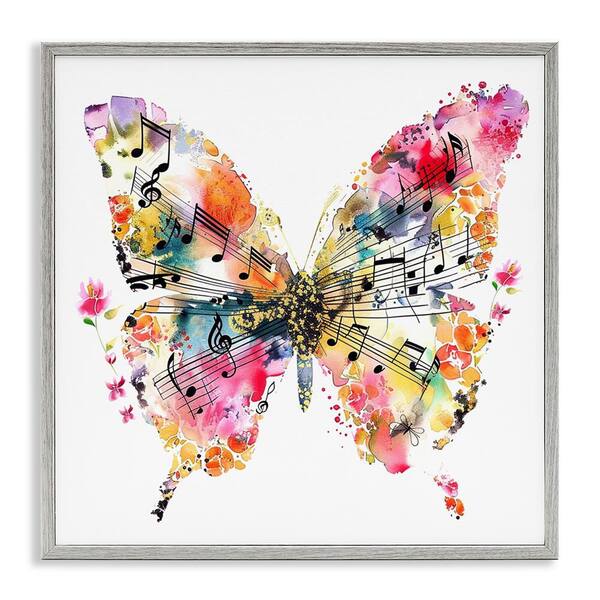 Stupell Industries Butterfly and Music Notes by LSR Design Studio Gray Framed Animal Giclee Art Print 17 in. x 17 in.
