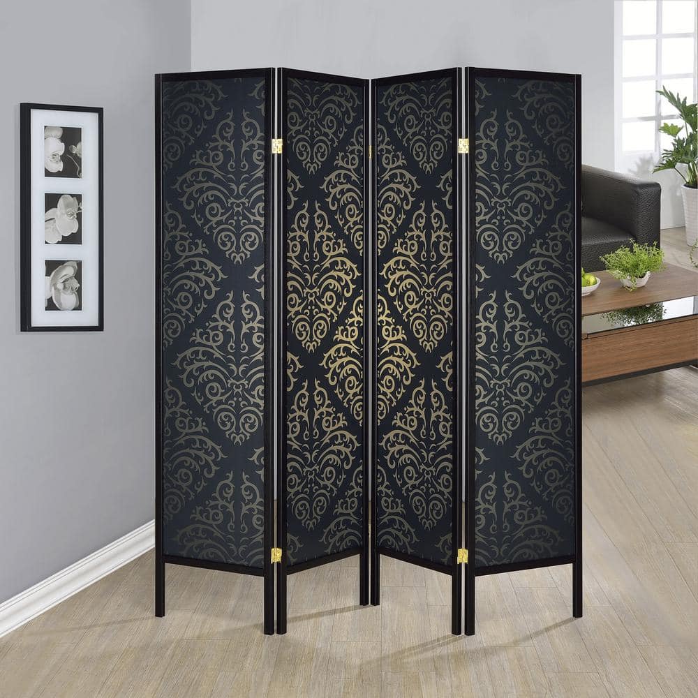 Elegant Black and Gold Damask 4-Panel Folding Screen