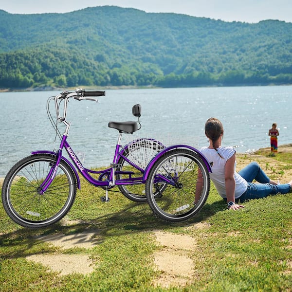Tricycle 24 in., 3 Wheel 7 Speed Bikes Cruise Trike with Shopping Basket for Adult Tricycle