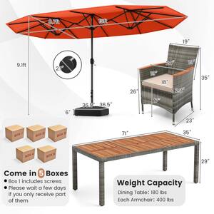 10-Piece Wicker Rectangle Outdoor Dining Set with Beige Neutral Cushions and Orange Umbrella