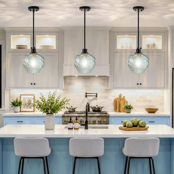RayHome 1-Light Modern Black Adjustable Height Pendant Light with Blue Apple-shaped Hammered Glass for Kitchen Island