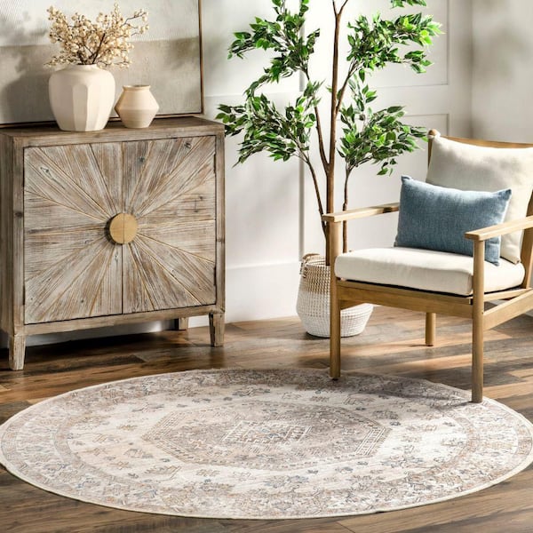 Timeless Charm Spill Proof Washable Beige 8 ft. Indoor Round Rug