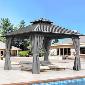 10 ft. x 10 ft. Hardtop Gazebo with Aluminum Frame, Galvanized Steel Double Roof Gazebo with Nettings and Curtains, Gray