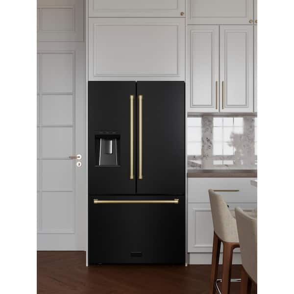 36 in. 3-Door French Door Refrigerator w/ Ice and Water Dispenser in Black Stainless Steel and Champagne Bronze Handles