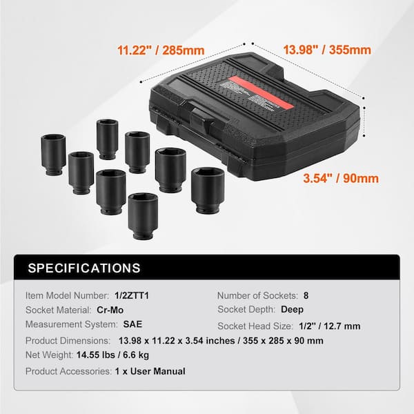 SKYSHALO Axle Nut Impact Socket Set, 1/2 in. Drive Deep 6-Point 8