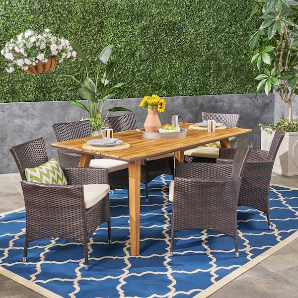 Noble House Crescent Teak Brown 7-Piece Wood and Multi-Brown Faux Rattan Outdoor Dining Set with Beige Cushions