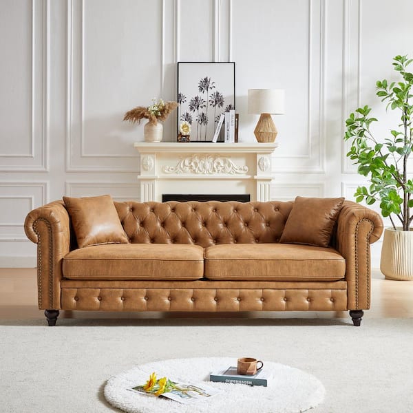 85.5 in Wide Rolled Arm Faux Leather Rectangle Modern Upholstered Sofa in Brown