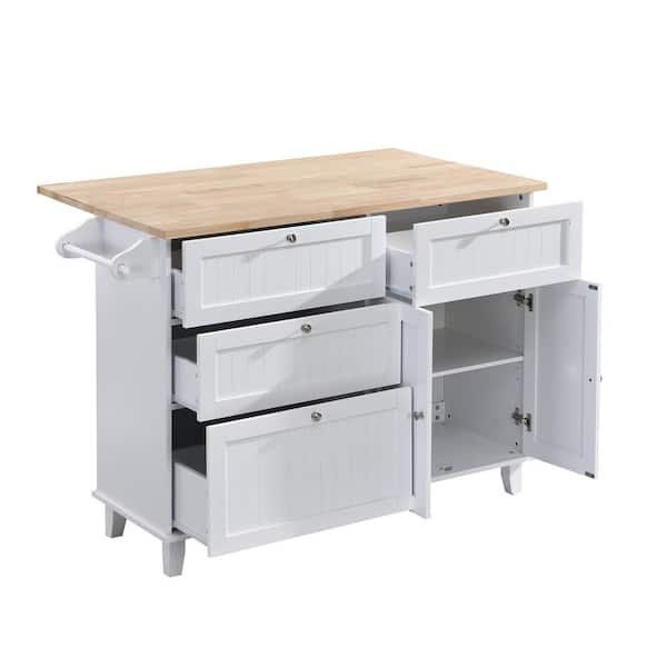 47.6 in. W 3-Piece Farmhouse White Wood Top Kitchen Island Set with 2 Stools Seats 2
