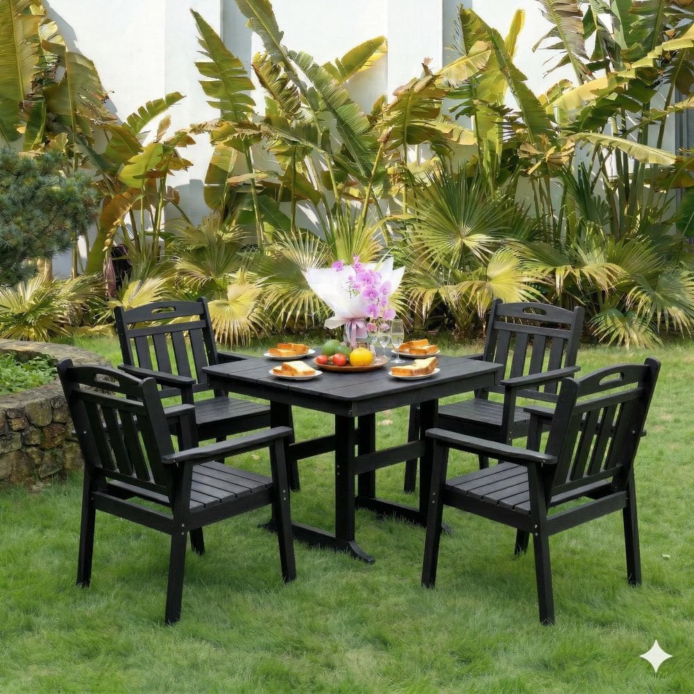 Black 5-Piece HDPE Plastic Patio Outdoor Dining Set with 4 Chairs and Square Table price history on PriceWatchPro