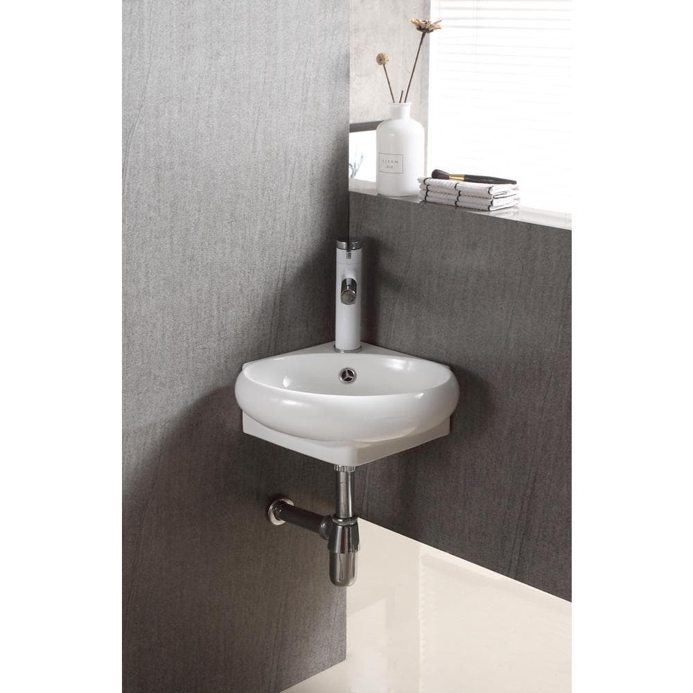 Compact White Ceramic Wall-Mount Corner Sink with Overflow