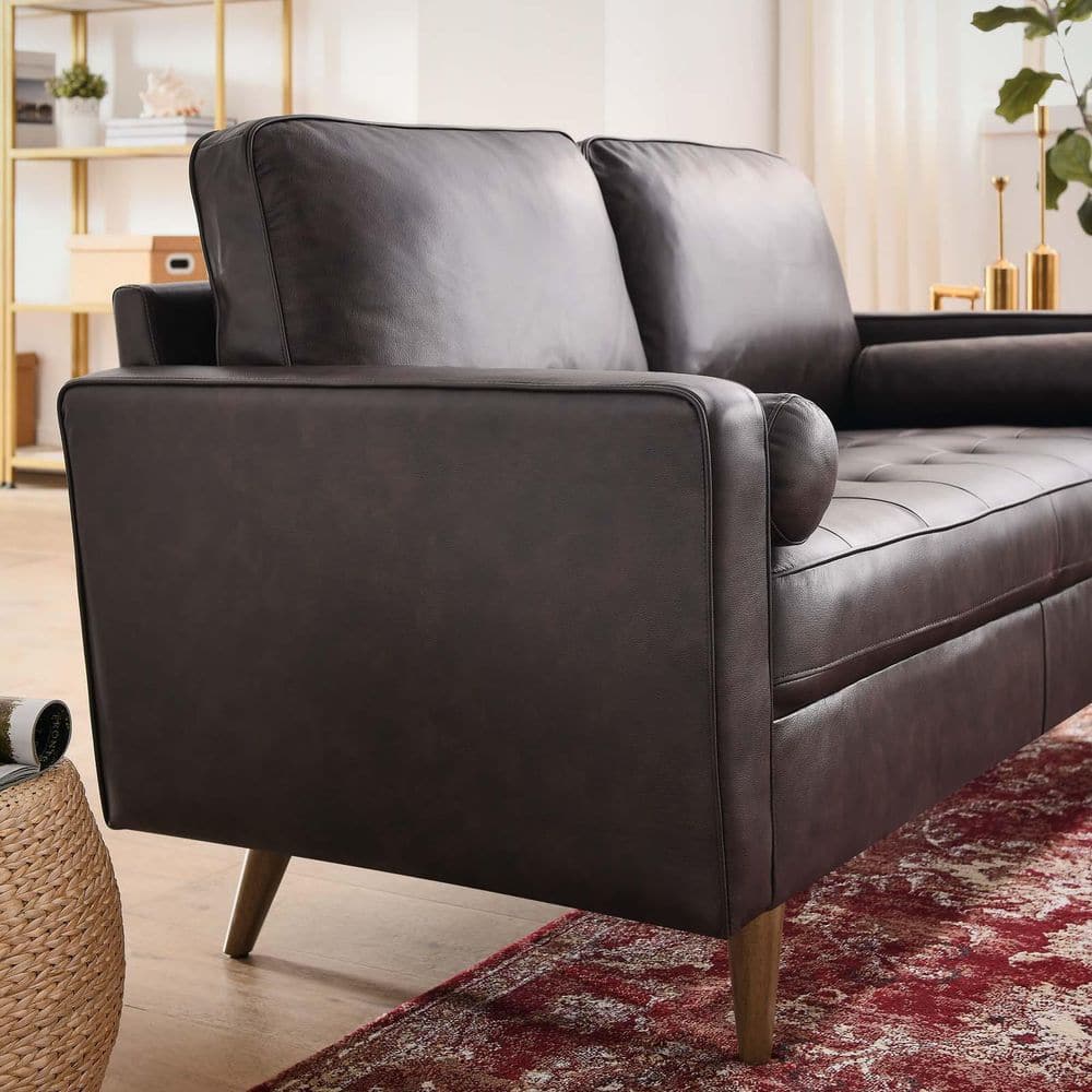 Valour Biscuit-Tufted Brown Faux Leather Loveseat with Walnut Wood Legs