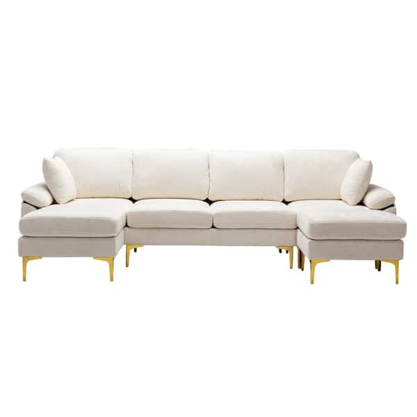 ATHMILE 114.42 in. W Flared Arm 4-Piece U Shaped Polyester Sectional Sofa in White