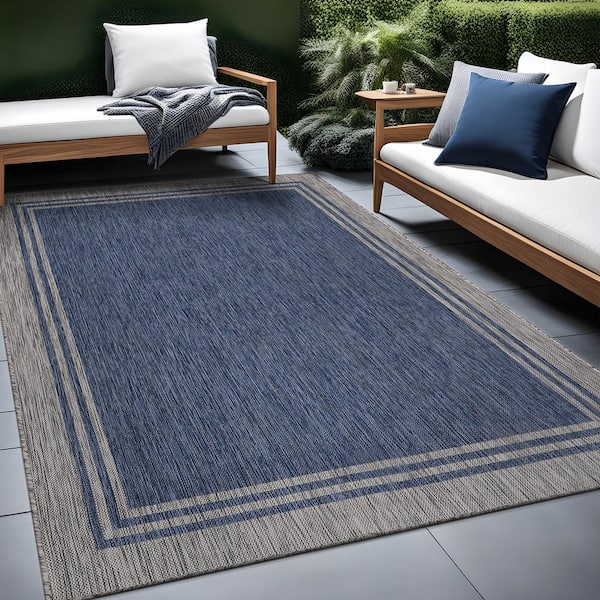 5 X 7 Azure Silver Aloha Washable Bordered Indoor Outdoor Area Rug