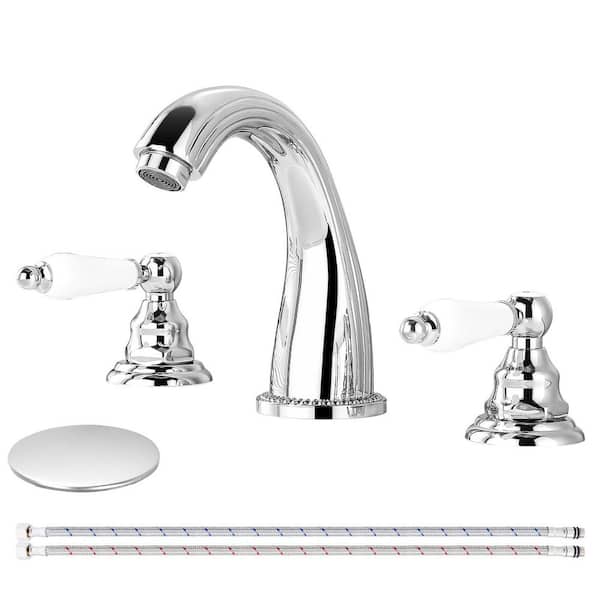 Double Handles 8 in. Widespread Bathroom Faucet 3-Hole Sink Faucet with Pop-Up Drain in Polished Chrome