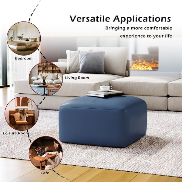 Uixe 22 in. Wide Mid-Century Navy Blue Genuine Leather Square