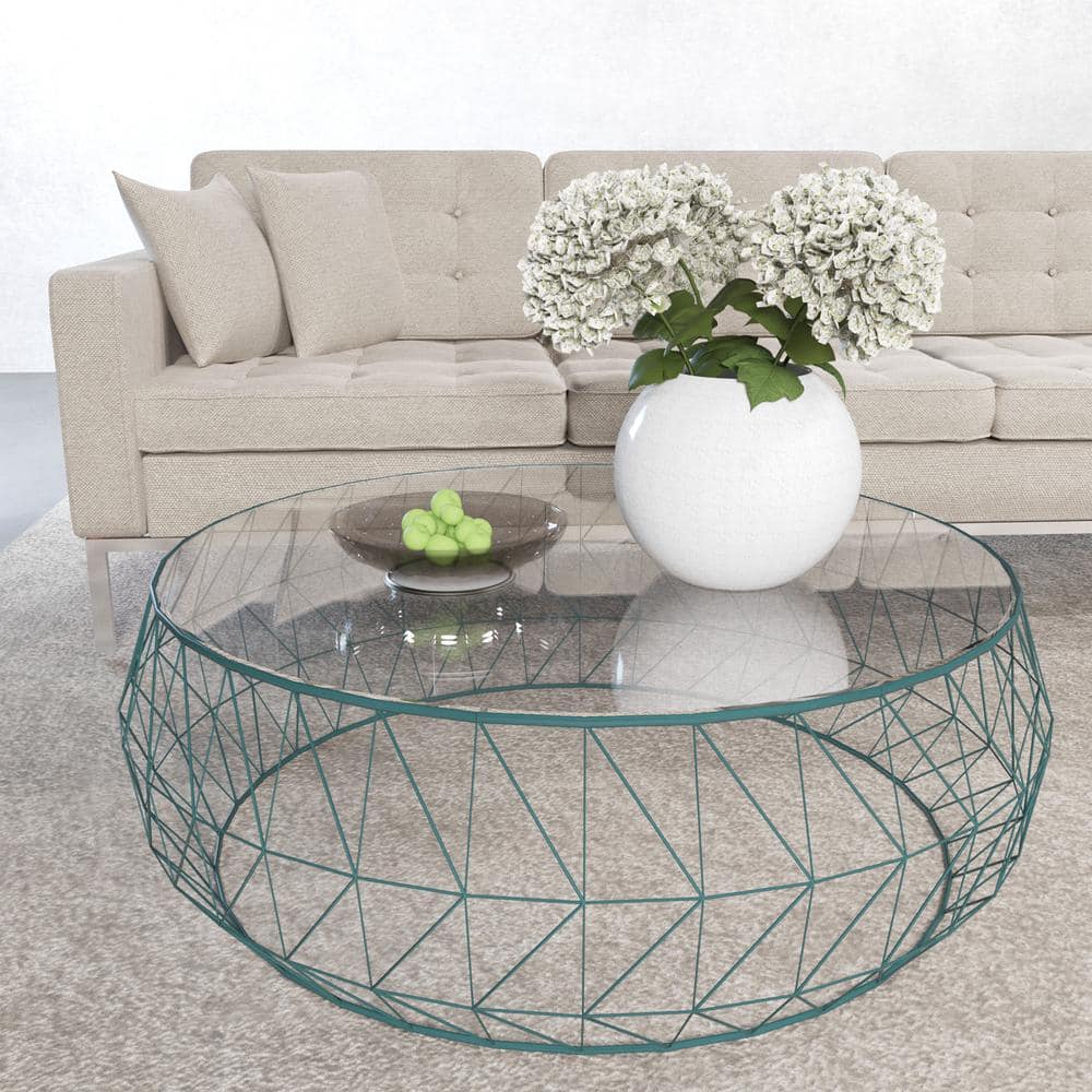 Malibu 35" Round Glass Top Coffee Table with Blue Metal Storage Base