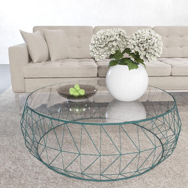 Leisuremod Malibu 34.5 in. Blue Round Tempered Glass Tabletop Coffee Table with Geometric Metal Base