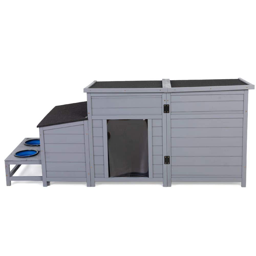 COZIWOW 2-in-1 Outdoor Wood Dog House with Feeding Bowls, Large