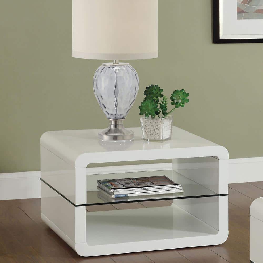 Glossy White Square Wood and Metal End Table