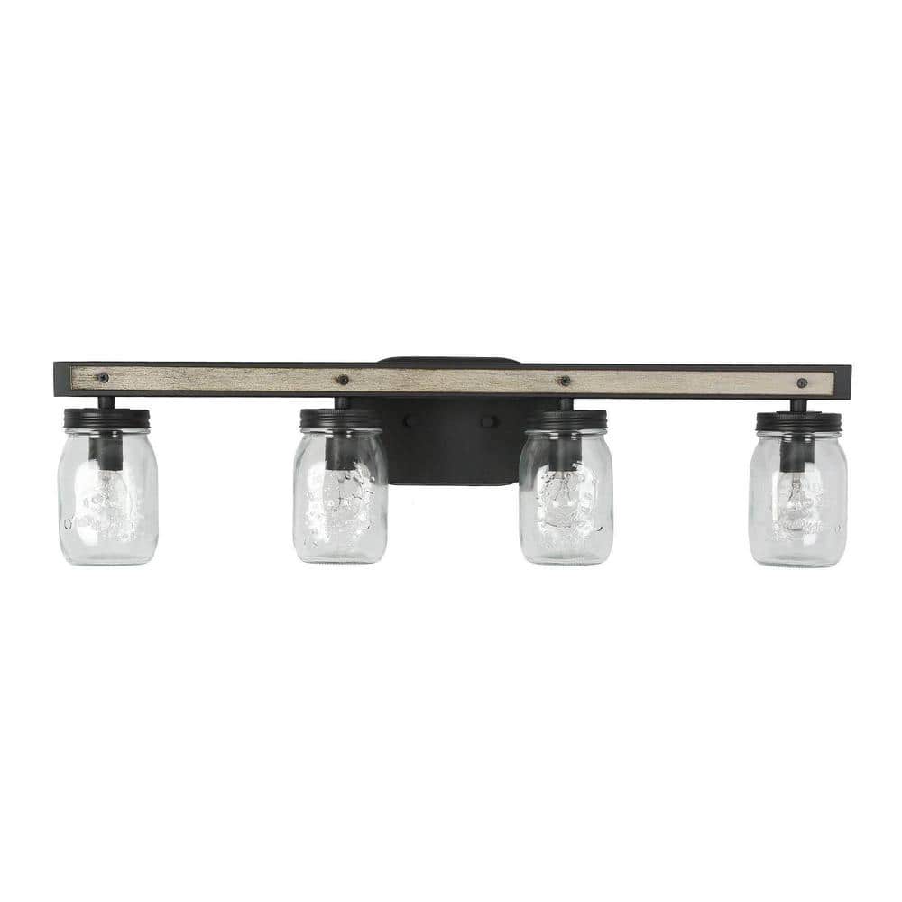 Farmhouse 26.5 in. 4-Light Dark Gray Vanity Light with Clear Glass Mason Ja