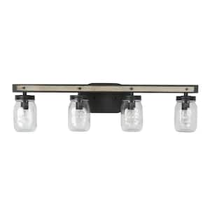 Farmhouse 26.5 in. 4-Light Dark Gray Vanity Light with Clear Glass Mason Jar Shades