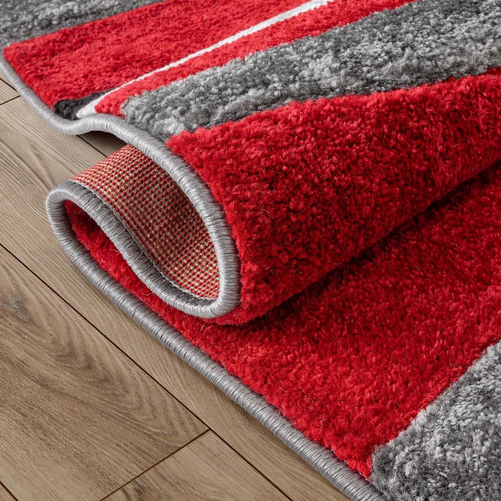 Large Gray and Red Synthetic Geometric Area Rug