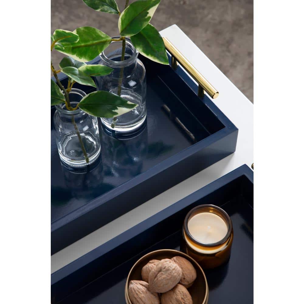 Navy Blue and Gold Rectangular Wood Tray Set with Metal Handles