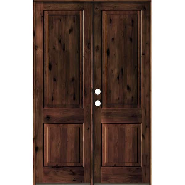 Krosswood Doors 60 in. x 96 in. Rustic Knotty Alder 2-Panel Square Top Red Mahogany Stain Right-Hand Wood Double Prehung Front Door