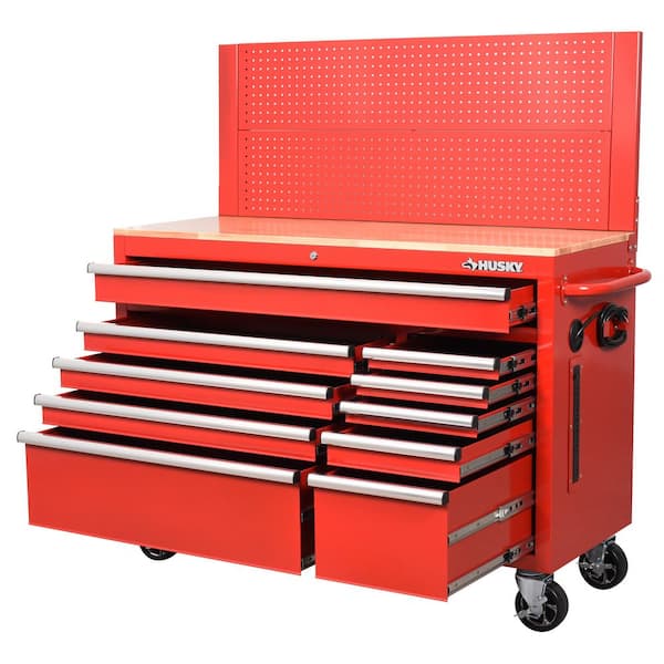 52 in. W 10-Drawer Gloss Red Mobile Workbench Cabinet with Solid Wood Top and Pegboard