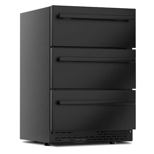 Hooure Built-In/Freestanding Outdoor 3-Drawer 24 in. Single Zone 108-Cans Beverage Cooler In Black with Advanced Compressor
